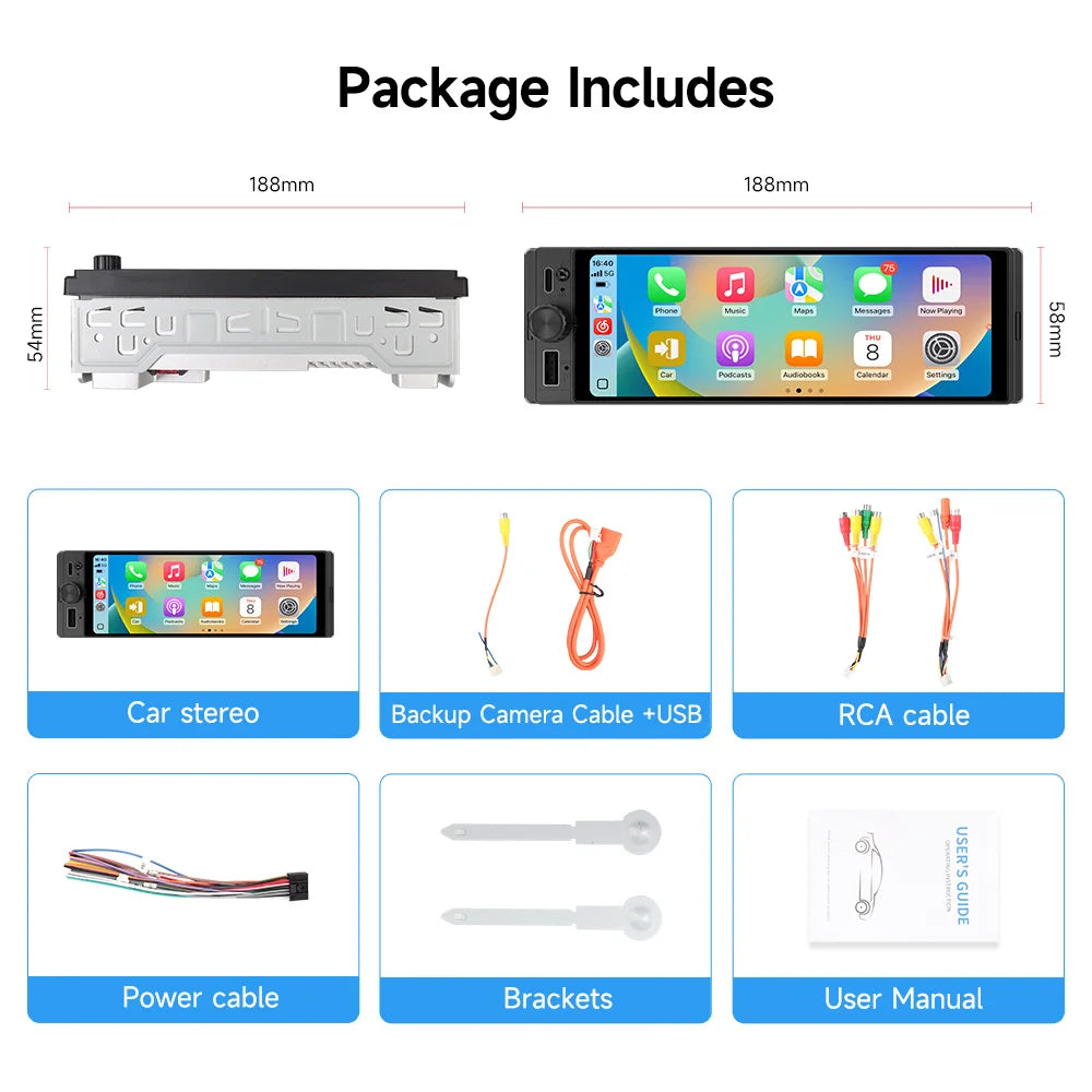 6.28" 1 DIN Car Stereo with Apple CarPlay & Android Auto