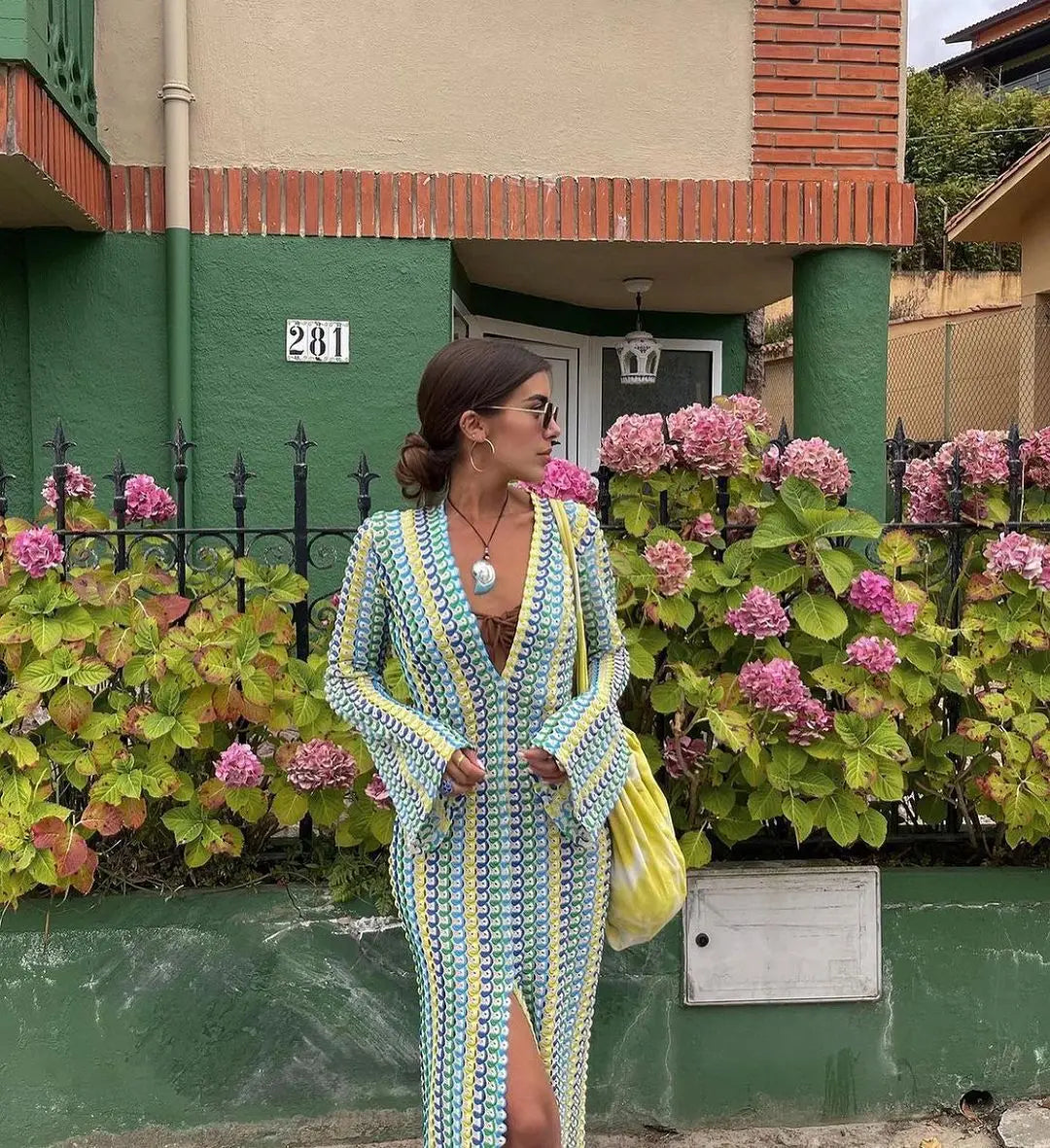 Crochet Colorful Stripe Flare Sleeve Maxi Dress Women V-neck High Split Sexy Lace Long Dresses 2026 New Beach Banquet Vestidos