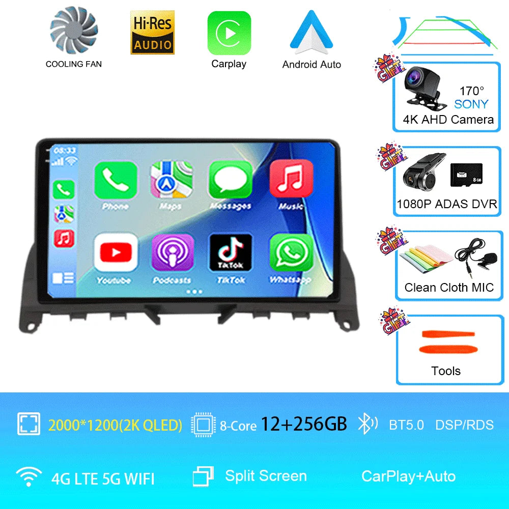 9" Android Car Stereo for Mercedes-Benz C-Class W204 S204 (2006–2011) — CarPlay, QLED, 4G, GPS