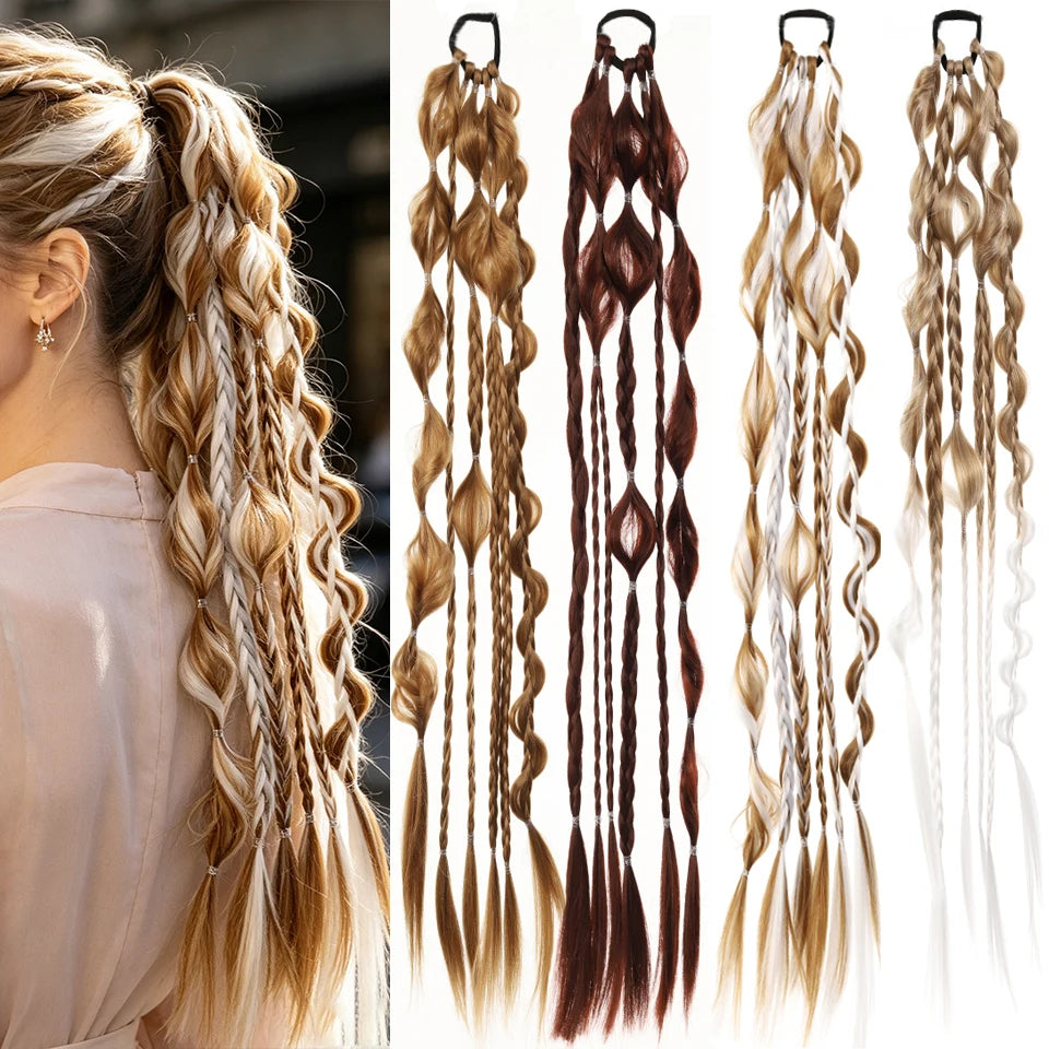 24Inch Synthetic Long Braided Bubble Ponytail Wig Extensions Lightweight With Elastic Band Wig Accessories For Women Party Use
