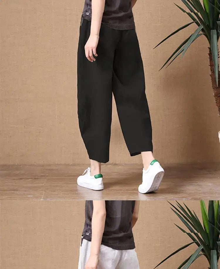 Loose Wide Leg Cotton Linen Pants High Waist Nine Points Women's plus Size Summer New Sle Casual Trousers Versatile Loose Fit