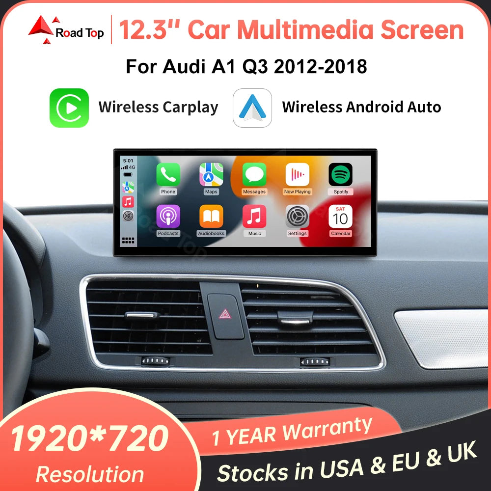 12.3" Wireless CarPlay & Android Auto Display Screen, Compatible with Audi A1 & Q3 (2012-2018)