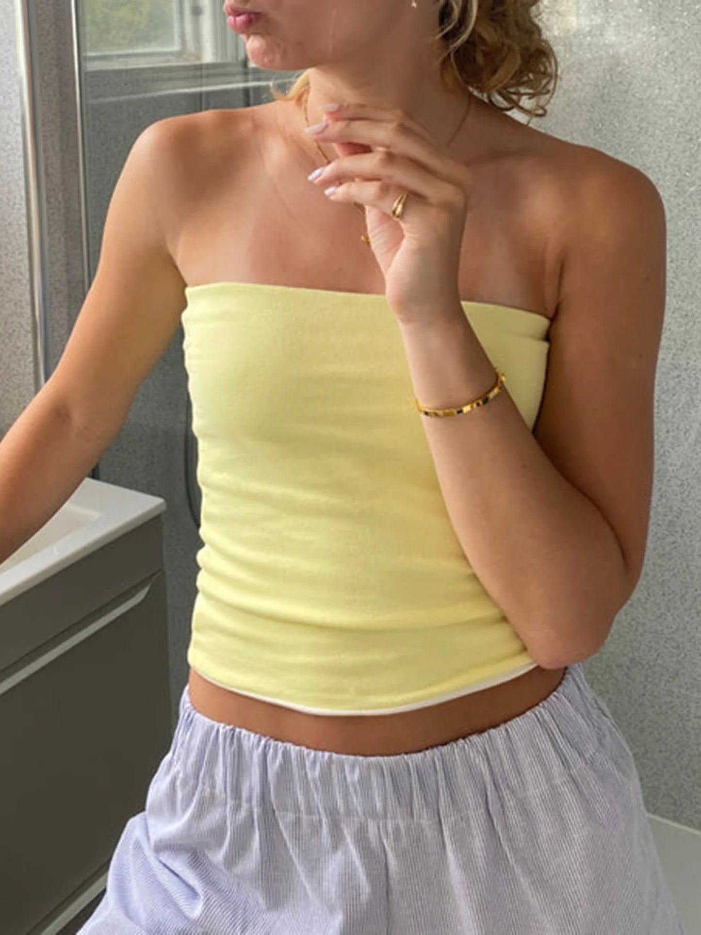 Women Y2K Strapless Tube Tops Sexy Off Shoulder Backless Striped Bandeau Going Out Sleeveless Crop Tank Tops