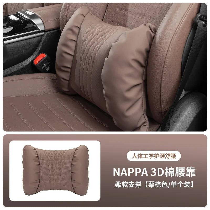 Nappa Leather Car Headrest & Lumbar Support Cushion – Soft Neck Pillow & Waist Pillow Set
