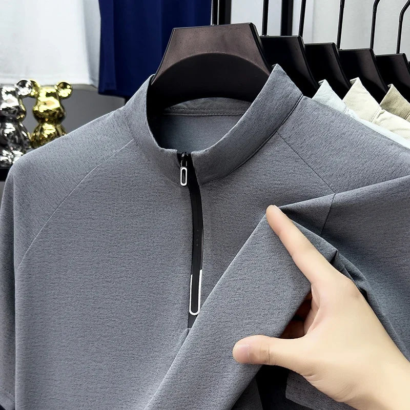 Men's Half-Zip Stand Collar Tee - Raglan Cut, Wrinkle-Free