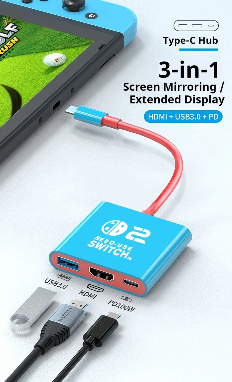 Docking Station for Nintendo Switch 2,4K 60Hz TYPE-C Hub with HDMI and USB-C 3.0 PD100W Charge Perfect for Switch 2/Switch/OLED