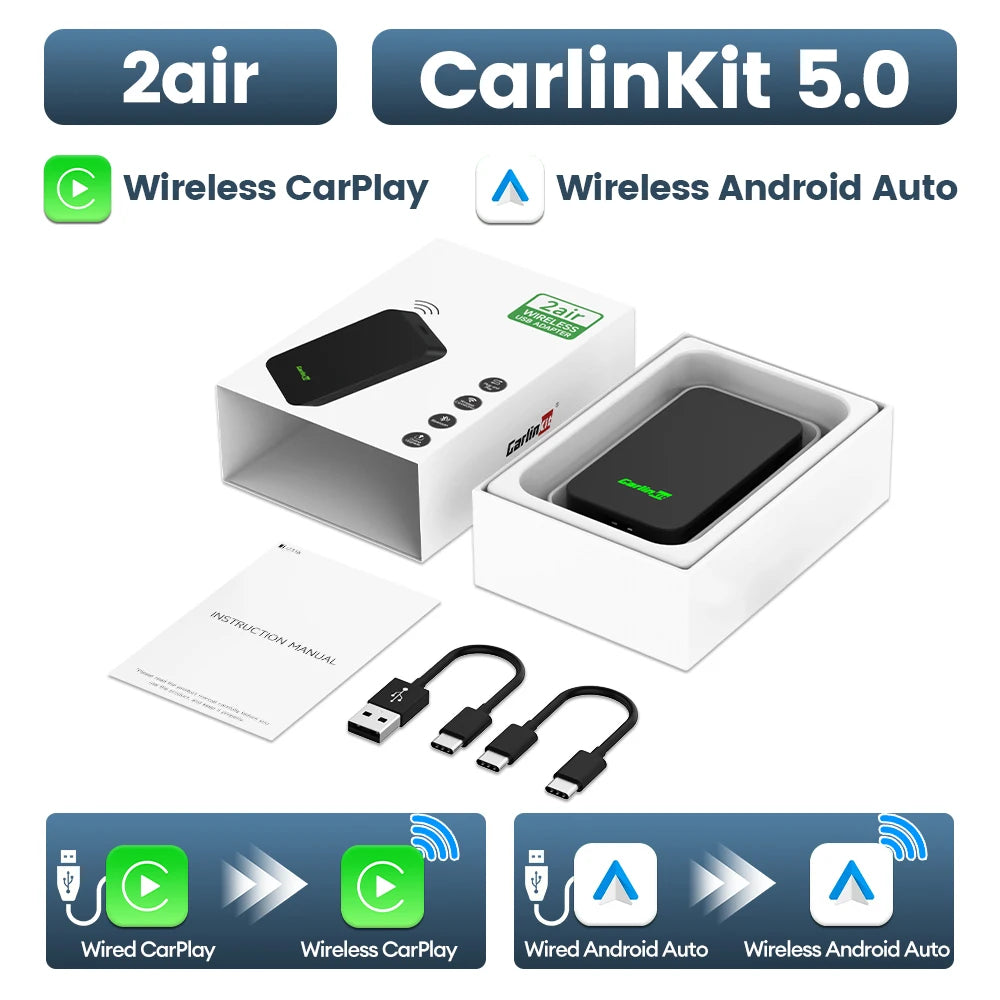 CarlinKit 5.0 2air & Mini 5 Pro Wireless Android Auto & CarPlay Wireless Adapter 2.4Ghz & 5.8Ghz WiFi Auto Connect OTA Update