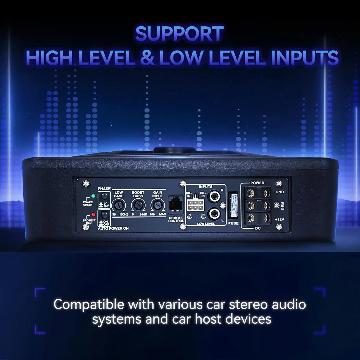 1000W 10" Slim Under Seat Subwoofer Spider Style Powered Bass Speaker with Amplifier Blue Light for Car Truck SUV