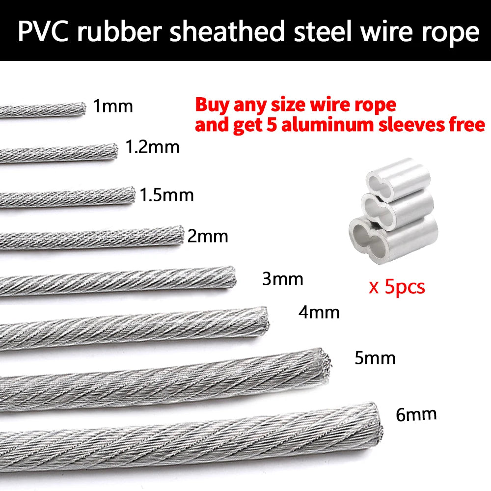 Steel Wire Rope Transparent Color PVC Plastic Coating 1.0-6mm 304 Stainless Cable Used For Clotheslines 5M/10M/20M/50M/100M