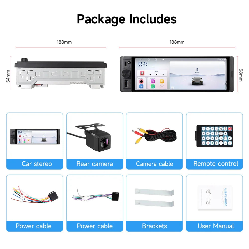 6.28" 1 DIN Universal Car Stereo with Apple CarPlay & Android Auto (MP5)