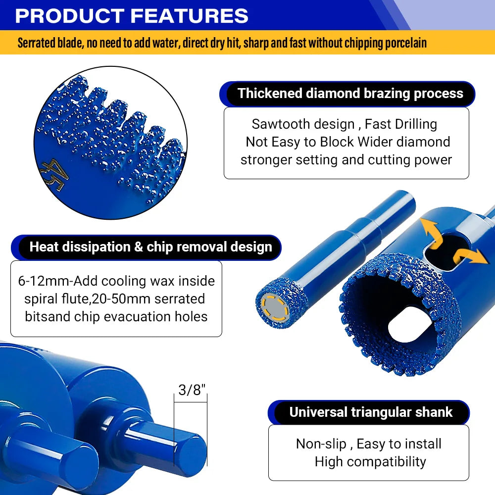 10 Pc Diamond Core Drill Bit Set 6-50mm, Vacuum Brazed Hole Saw