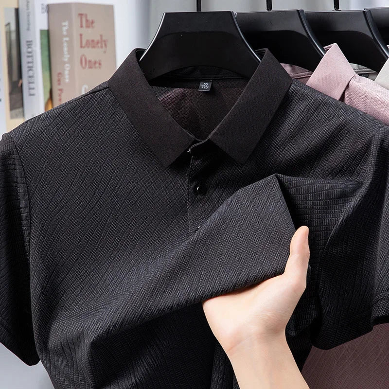 Men's Textured Polo Shirt - Solid Lapel, Breathable Office Casual
