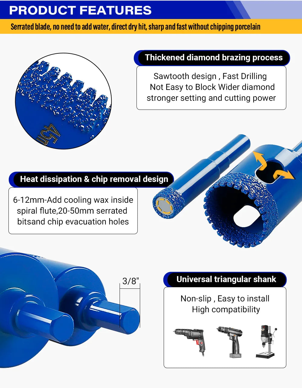 10 Pc Diamond Core Drill Bit Set 6-50mm, Vacuum Brazed Hole Saw