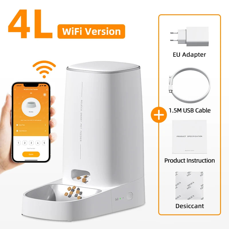 ROJECO Smart WiFi Automatic Cat Feeder – 4L Remote Control Kibble Dispenser for Cats & Dogs | Single & Dual Bowl