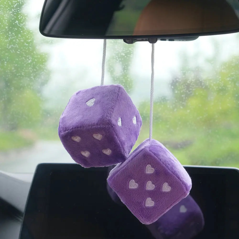 1 Pair 7cm Fuzzy Plush Dice Heart Shape Decor for Car Rearview Mirror, Retro Square Decoration Dice for Car Hanging Accessories