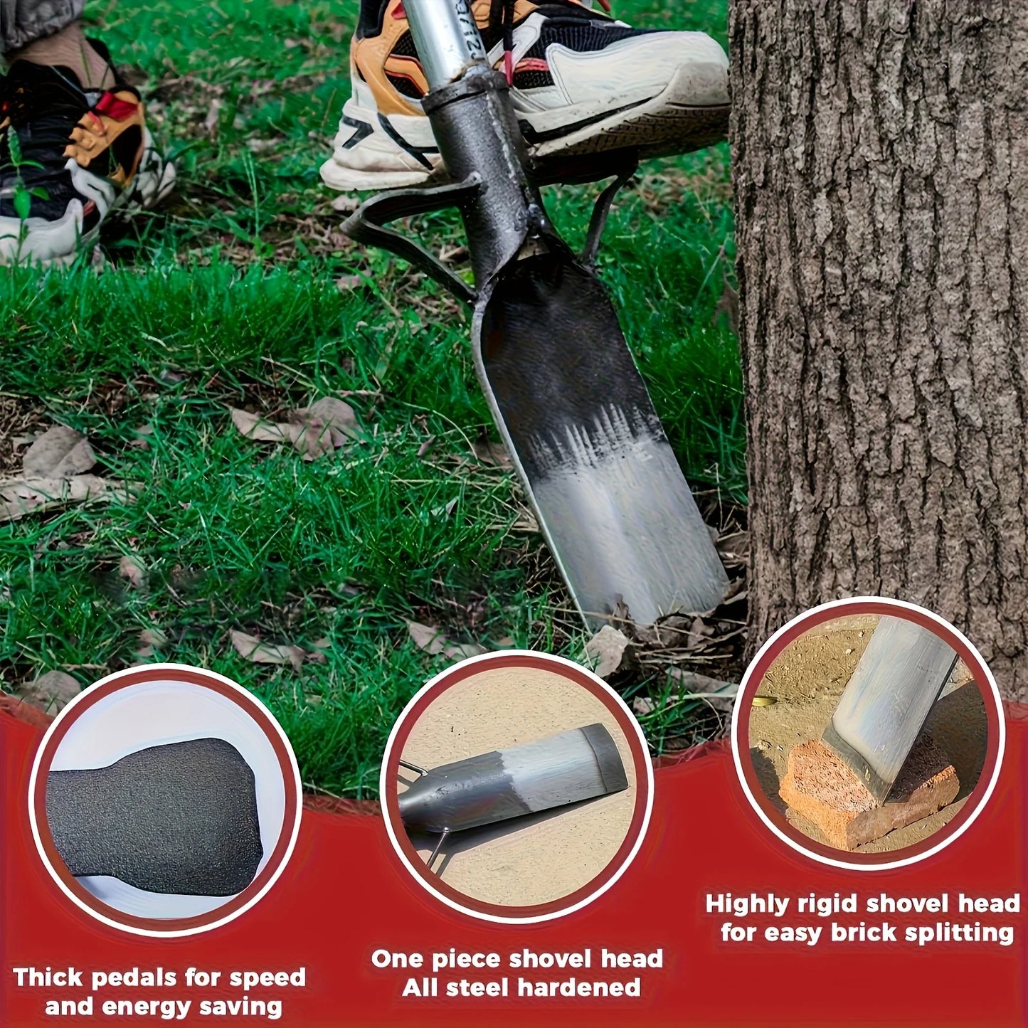 Heavy-Duty Manganese Steel Garden Spade - Reinforced Blade, Hardened Edge, Solid Wood Handle. No Electricity Needed.
