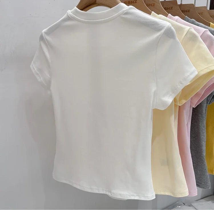 Zjaiss 2026 O-Neck Fashion T-Shirt Summer Sexy Basic Top Solid Short Sleeve Womens Tshirt Casual Korean Tee Streetwear