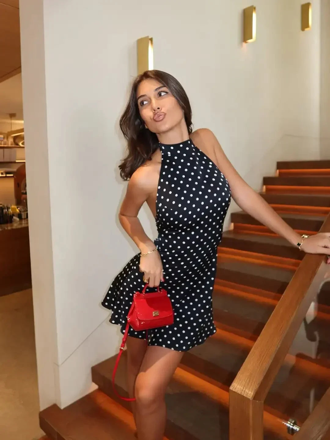 Chic Backless Polka Dot Halter Dress Women's Sleeveless Off Shoulder Lace Up Mini Vestidos 2026 Summer Lady Holiday Party Robe