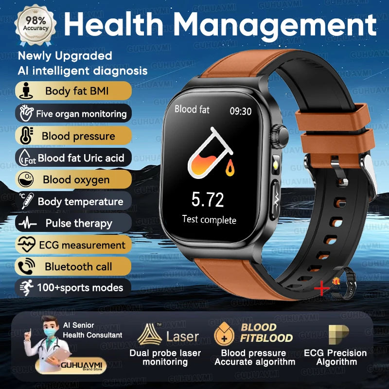 GUHUAVMI 2026 AI Health Smartwatch – ECG+HRV, Blood Pressure, Uric Acid & Blood Lipid Monitor | 2.04" AMOLED Sapphire | Bluetooth Calling | Men & Women