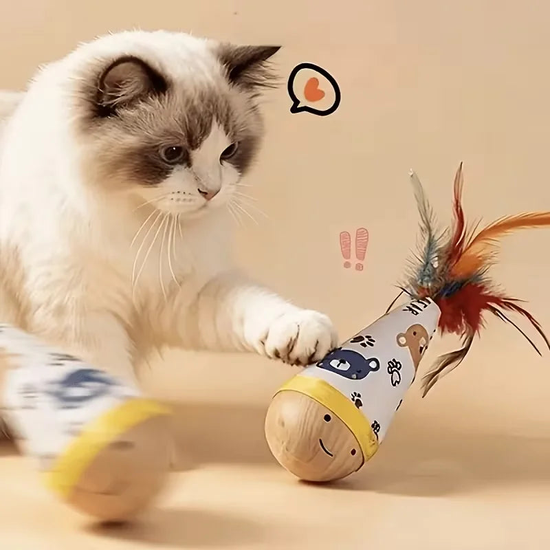 A cartoon-printed cat figurine doll toy. The sturdy wooden base provides a platform for the cat to exercise and play.