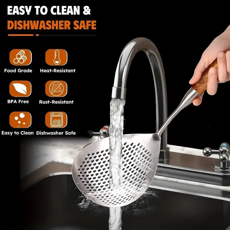 Stainless Steel Fine-Mesh Skimmer - Short Handle Scoop Strainer for Dumpling Soup, Stew & Cooking kitchen utensils