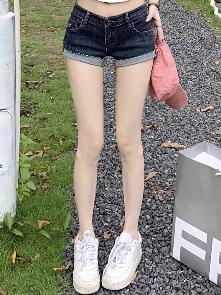 Women's Low-Rise Denim Shorts — Slim Stretch Frayed Hot Pants