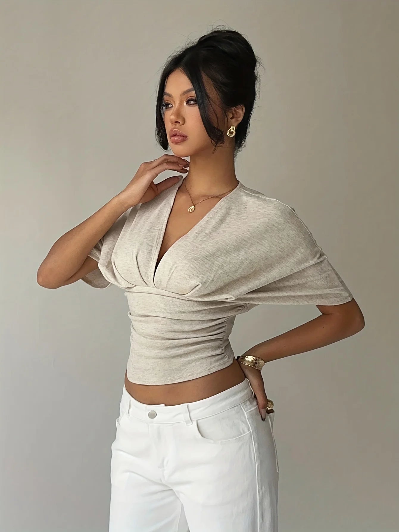 Women's Deep V-Neck Short Sleeve Fitted Tee — Apricot