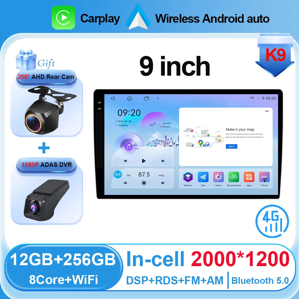Universal 2-DIN Android Car Stereo (9"/10") — CarPlay, Android Auto, GPS, QLED Screen, Bluetooth