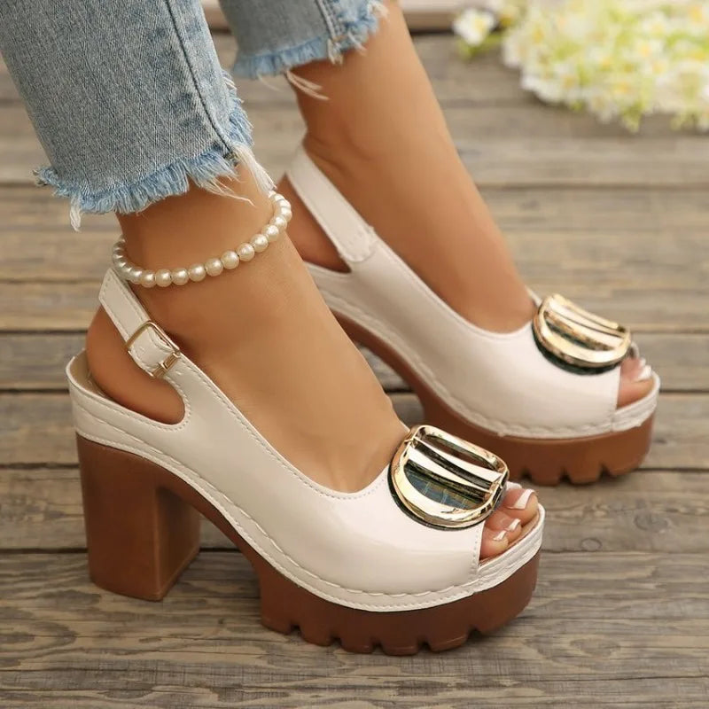 Summer New Women's Fashion Metal High-heeled Sandals Gladiator Casual Versatile Fish Mouth Sandals Roman High Heels Women Shoes