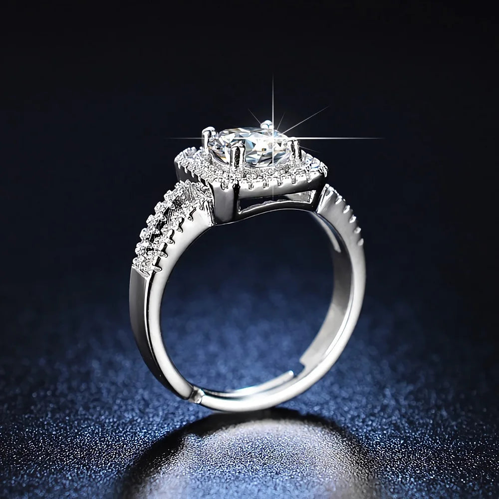 925 Sterling Silver Crystal Square Ring for Women - Adjustable