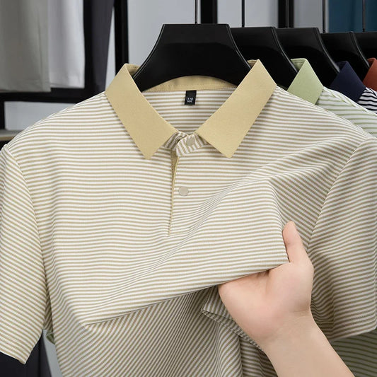 Men's Fine-Stripe Lapel Polo - Breathable Mesh, Soft Stretch