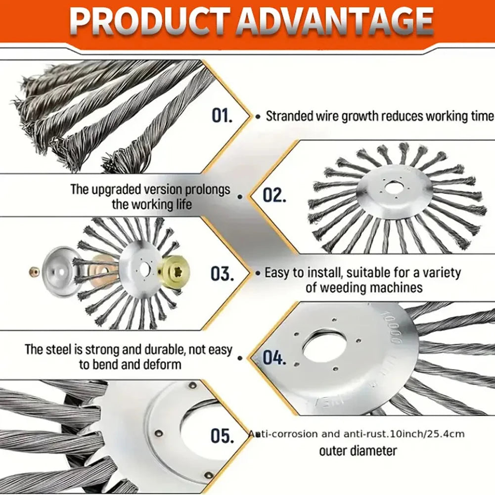4/5/10Inch Weed Brush Cutter Head Lawn Mower Universal Grass Trimmer Head Steel Wire Wheel Brush Disc Garden Trimmer Head Weed