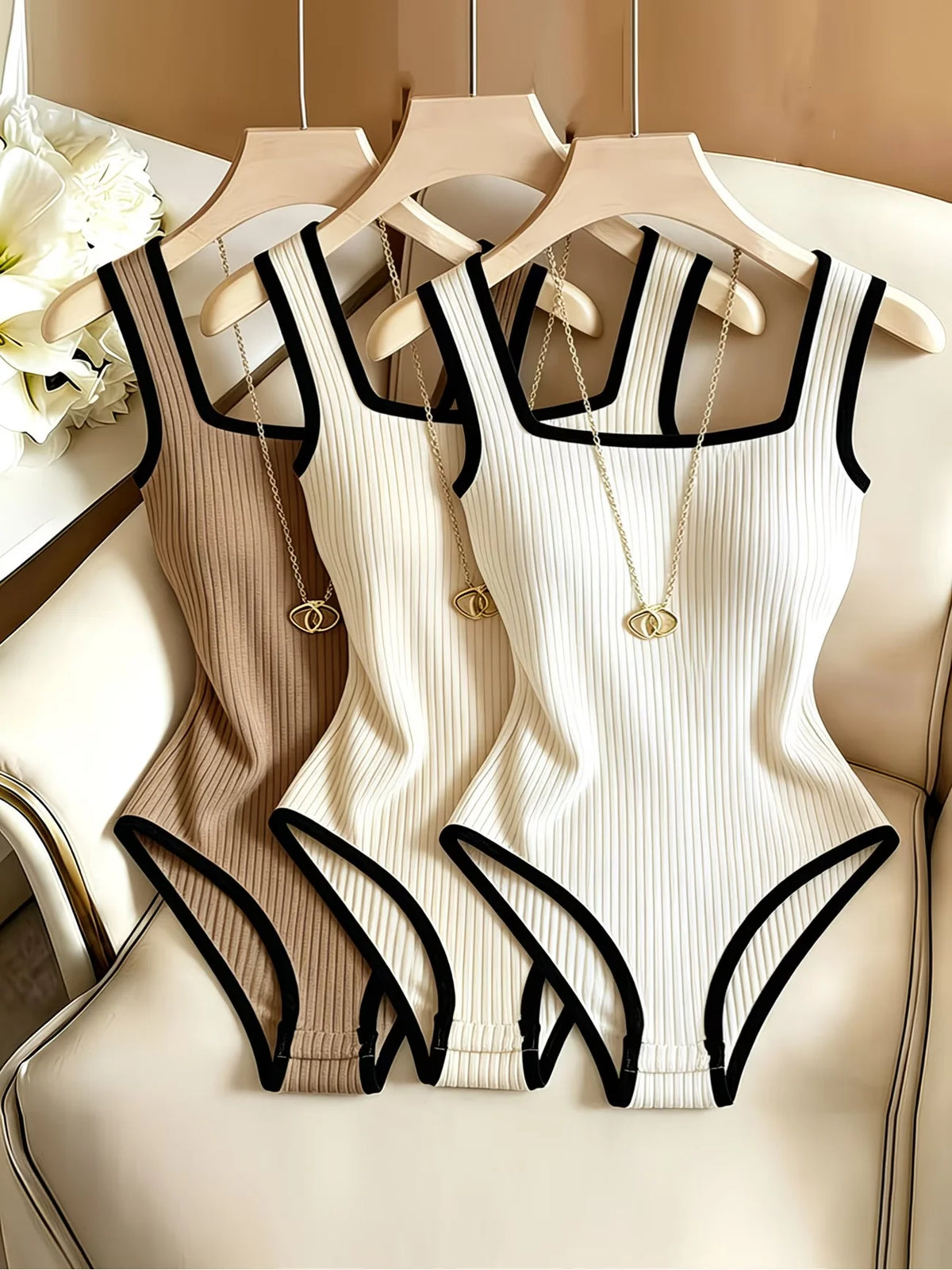 Women's ribbed square neck bodysuit set — view 1 of 20