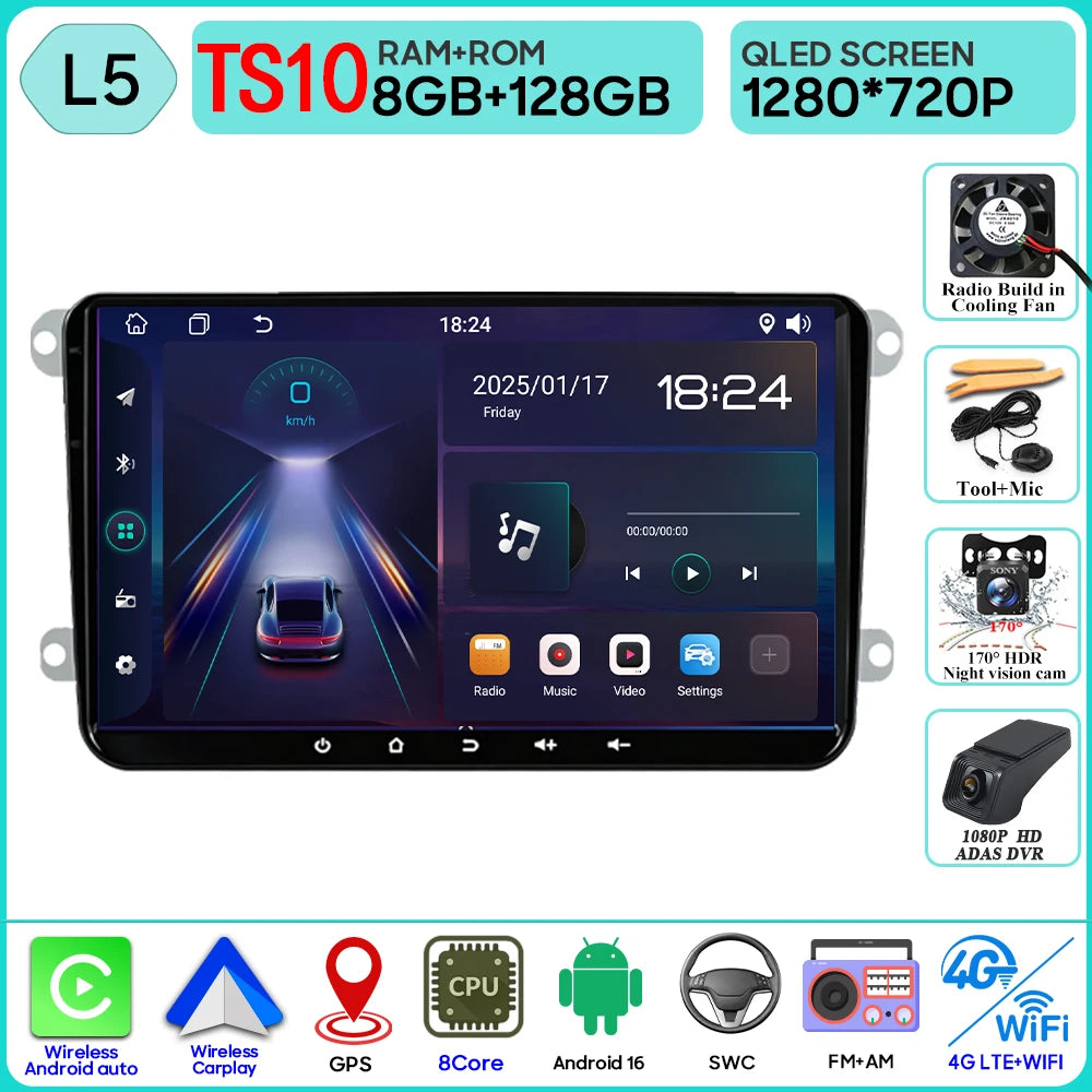 9" Android Car Stereo for VW T5, Jetta, Passat B6, Golf MK6, Tiguan, Touran, Scirocco & Skoda Rapid, Octavia, Seat Leon — CarPlay, GPS