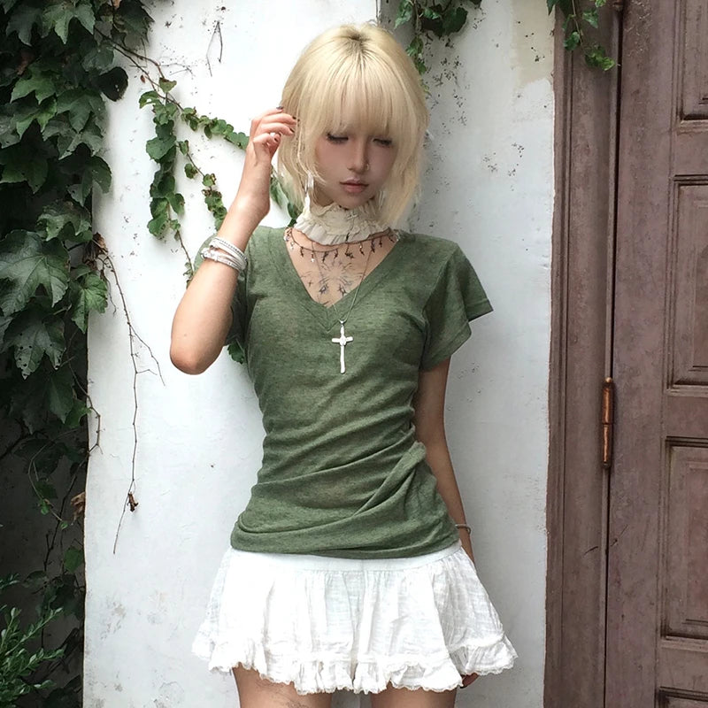 Karrram Japanese Y2k Green Knitted T-shirt Trashy 2000s Style V-neck Top Vintage Harajuku Short Sleeve Tee Shirt American Retro