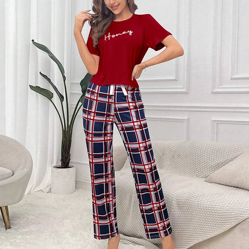 Women's Crew Neck Tee & Plaid Pants Pajama Set - photo 11