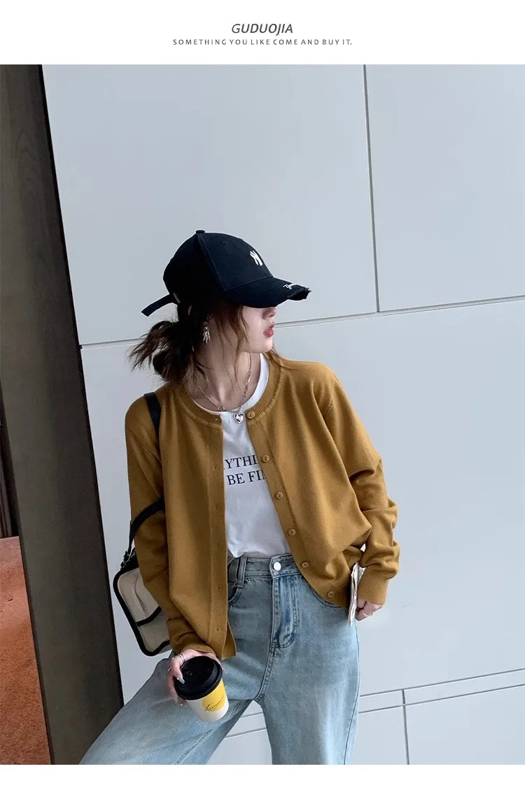 Women's Slim Button Cardigan — Crew Neck Knit