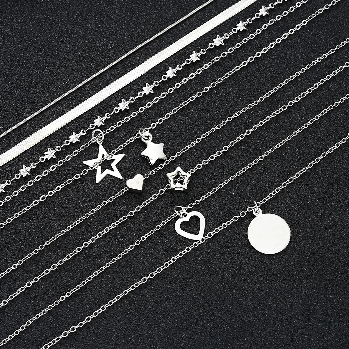 9 Pc Layered Choker Necklace Set for Women - Heart & Star Pendants