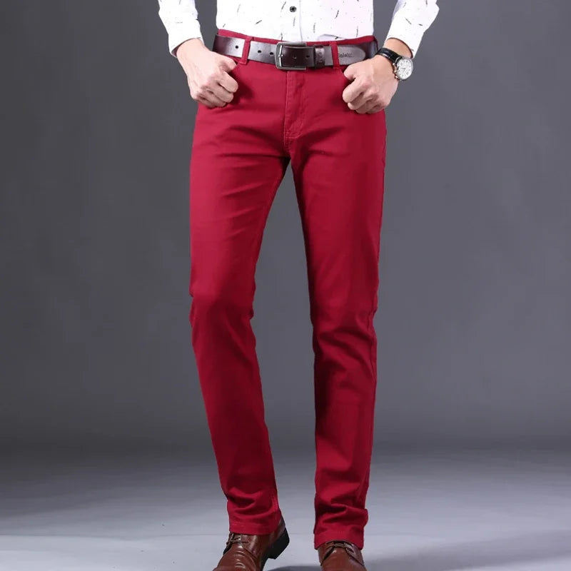 2024 New Spring Men's Slim Jeans Classic Style Straight Elasticity Cotton Denim Pants Male Brand Wine Red Black White Trousers