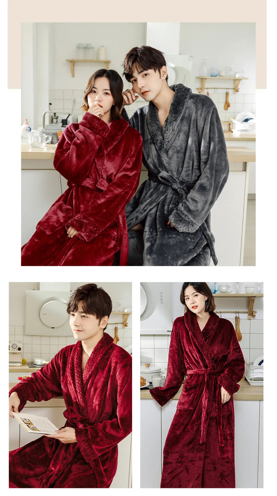Couples Flannel Robe, Long Warm Fleece Bathrobe for Men and Women
