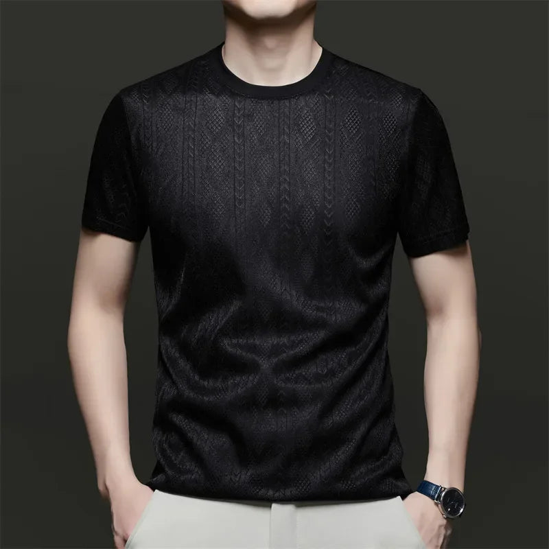 Men's Ice-Silk Jacquard Tee - Crew Neck, Cool-Touch Hollow Mesh