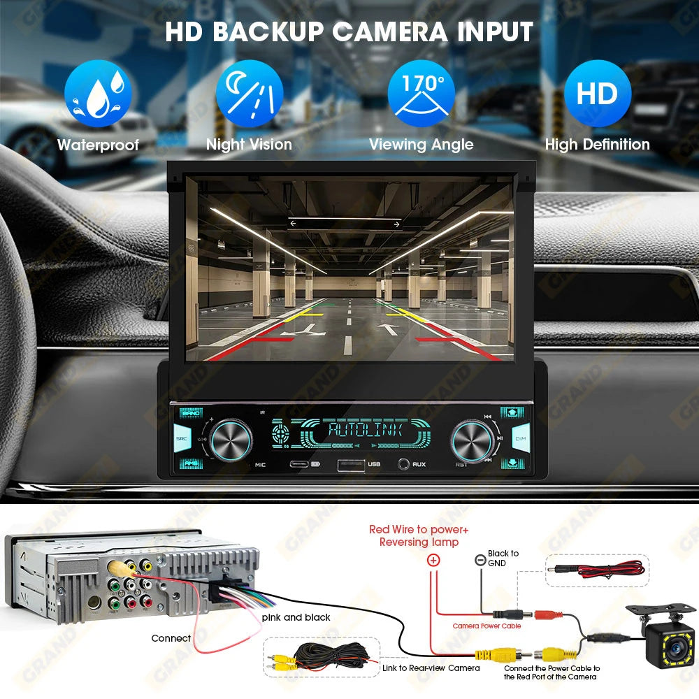 1DIN 7Inch MP5 Car Radio Player FM AM RDS Automatic Retractable IPS Touch Screen Wireless CarPlay Android Auto Car Stereo GPS