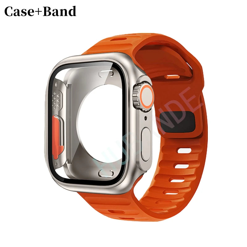 Silicone strap For Apple Watch 44mm 45mm 41mm 40mm Bracelet+Screen protectores Change to Ultra For iWatch Series 9 8 7 SE 6 5 3