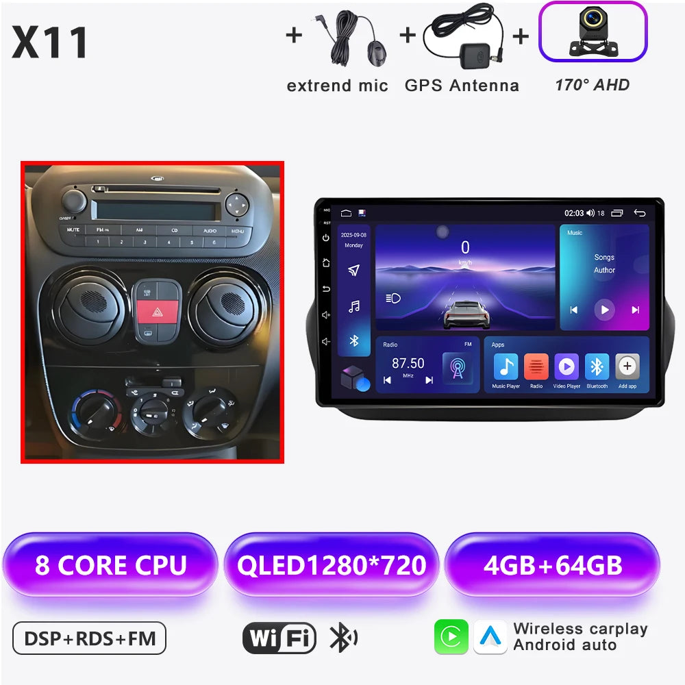 Car Stereo with Apple CarPlay & Android Auto, Compatible with Fiat Fiorino & Qubo, Citroen Nemo & Peugeot Bipper