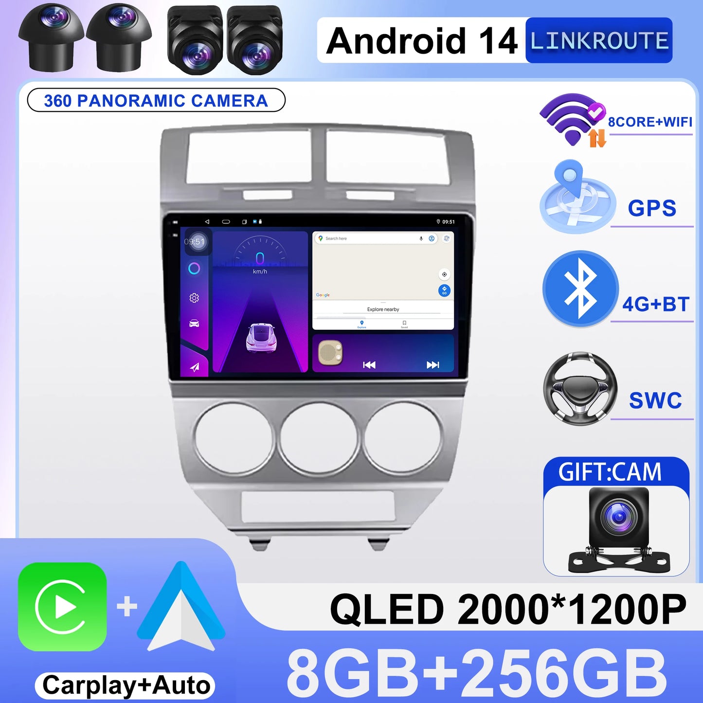 Car Stereo with Apple CarPlay & Android Auto, Compatible with Dodge Caliber (2007-2010)