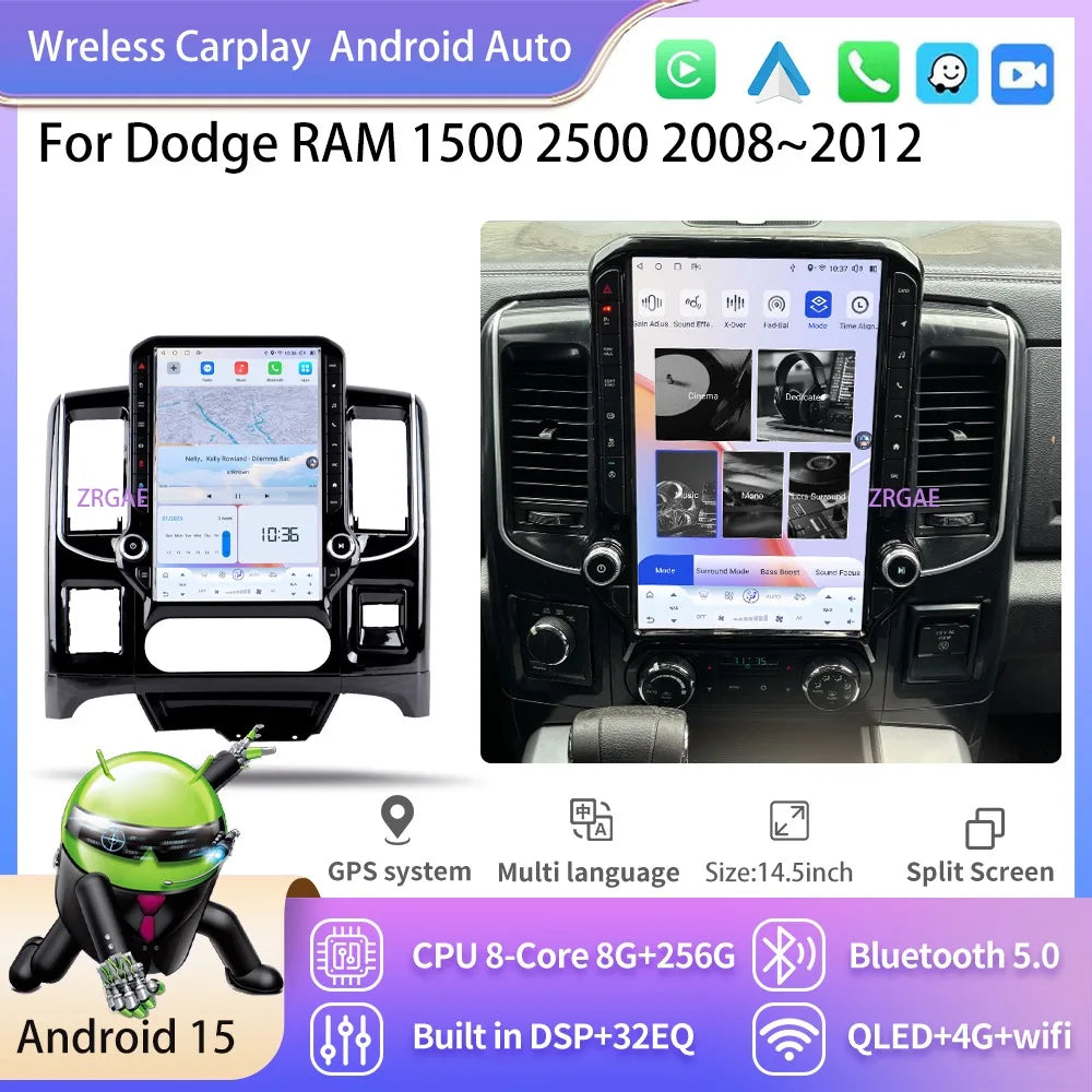 14.5" Android 15 Car Radio with Wireless CarPlay — Dodge RAM 1500/2500 (2008-2012)