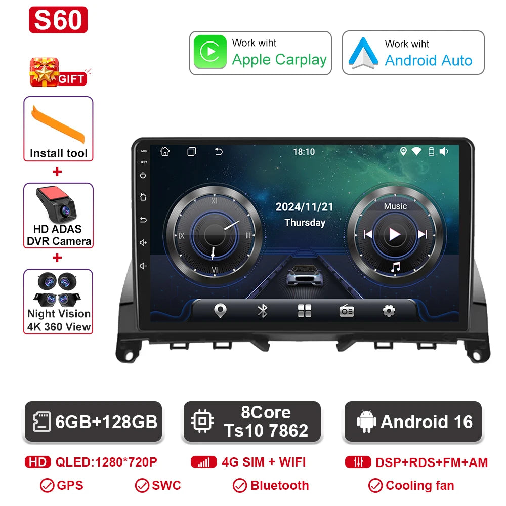 Android  For Mercedes Benz C Class 3 C220 C180 W204 S204 2006 - 2011 Car Auto Carplay Radio Multimedia Screen GPS Navigation  BT