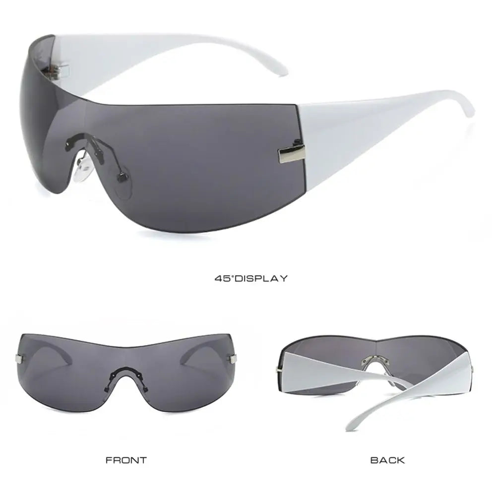 Trendy Y2K Sunglasses for Women  Men Rimless Wrap-Around Sunglasses Futuristic One Piece Shades Fashion Hip Hop Sun Glasses