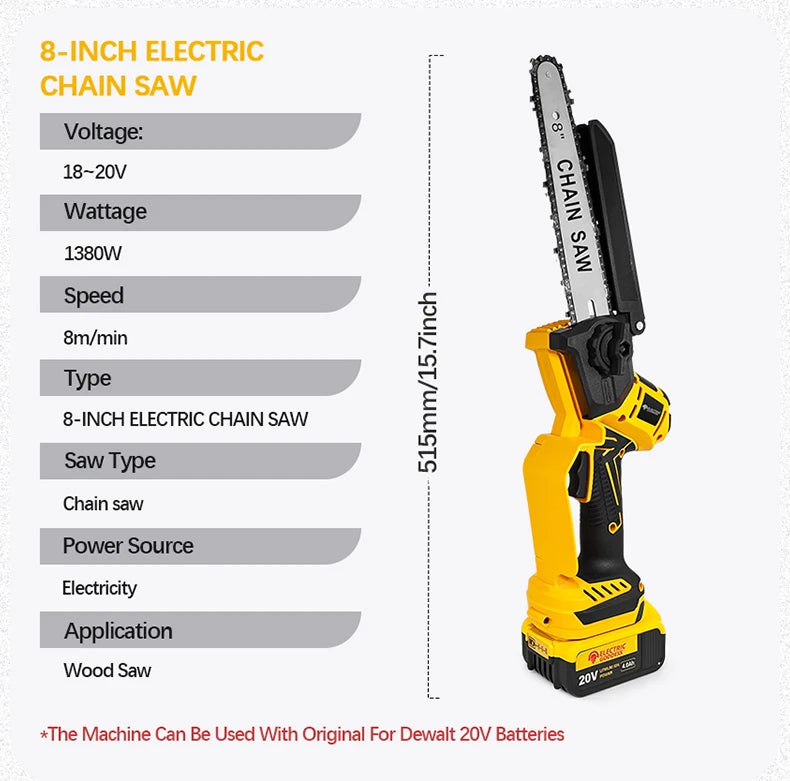 Electric Goddess Brushless 6/8in Electric Chainsaw 1380W Cordless Woodwork Cutting Garden Pruning Saw For Dewalt 20V Battery Pin