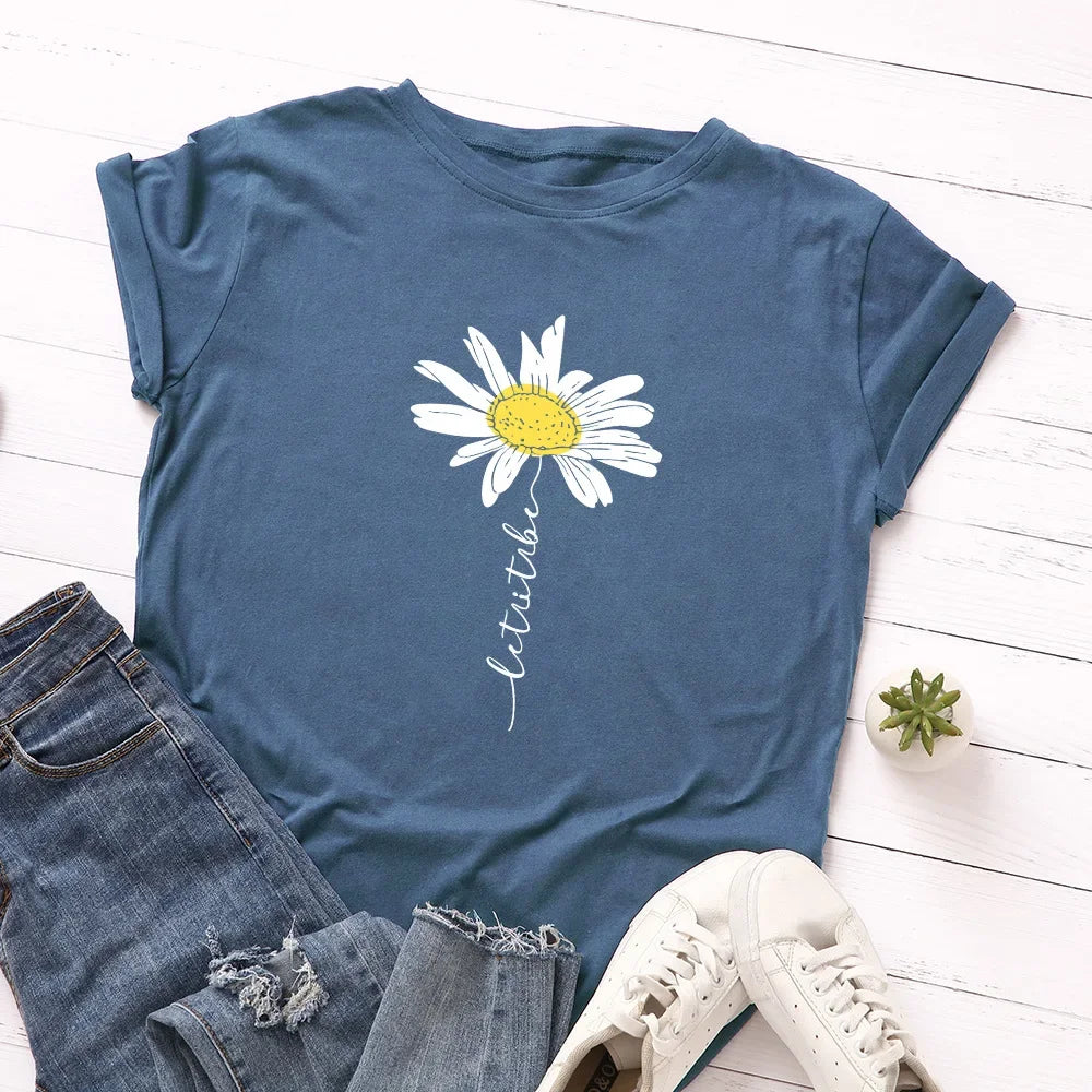 100% Cotton Women T-Shirt 2026 Summer Tshirt Creative Daisies Printed Woman Short Sleeve Tee Tops Female T Shirt